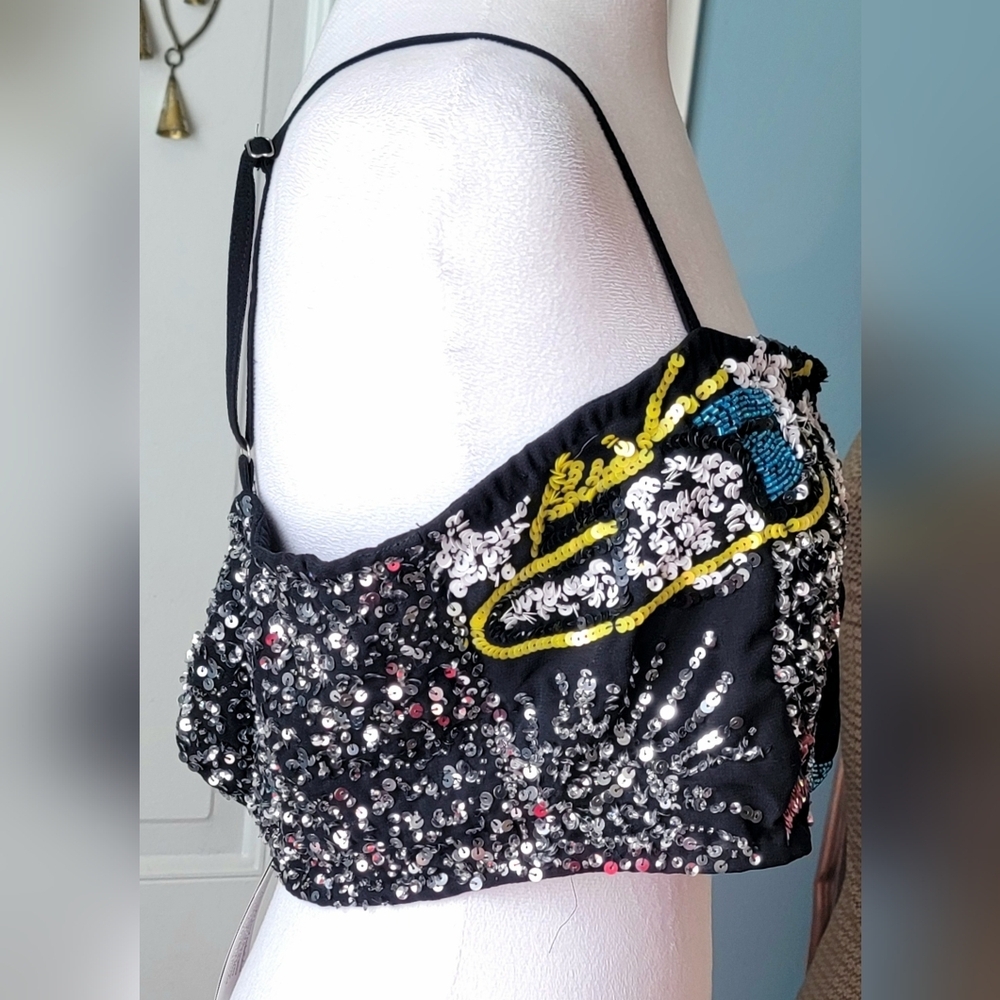 Nasty Gal Black Sequin Crop Top with Multicolor Motifs - Picture 5 of 11